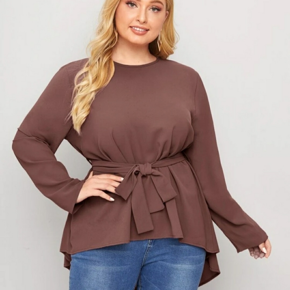 Plus Solid Belted High Low Hem Blouse